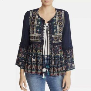 AQUA Women’s Navy Boho Embroidered Kimono Small Open Front Indie Chic Festival